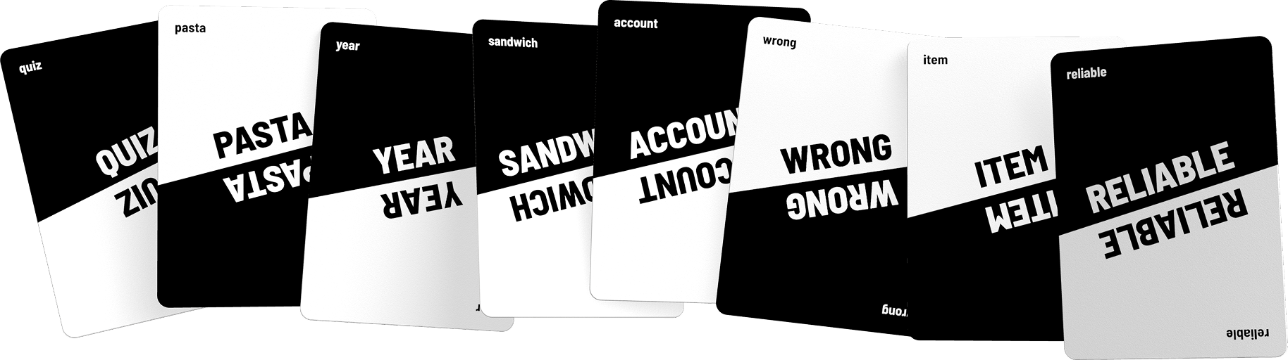 A hand of eight word cards fanned out